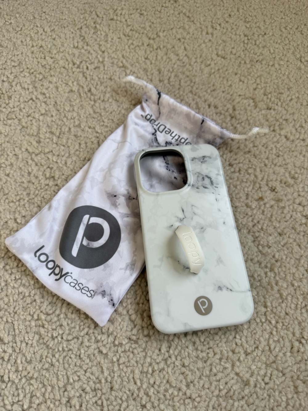 Loopy Case White Marble Phone Case with White Loopy Grip